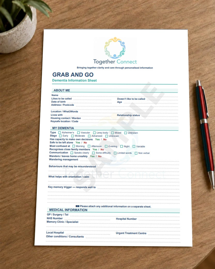 Front of printable dementia care information sheet