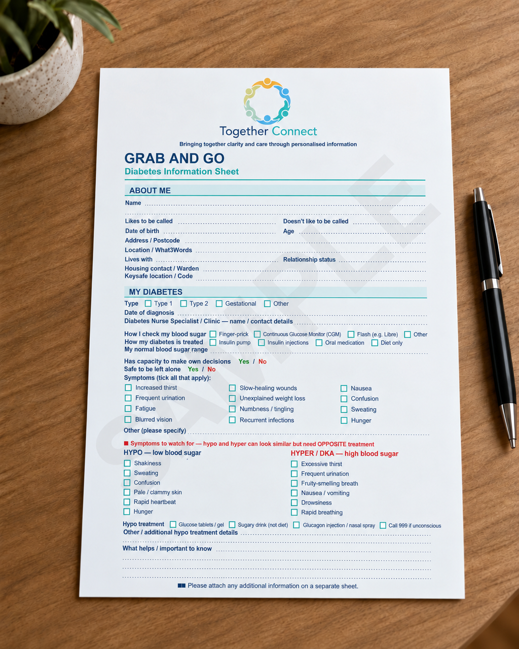 Front of printable diabetes information sheet