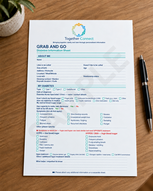 Front of printable diabetes information sheet