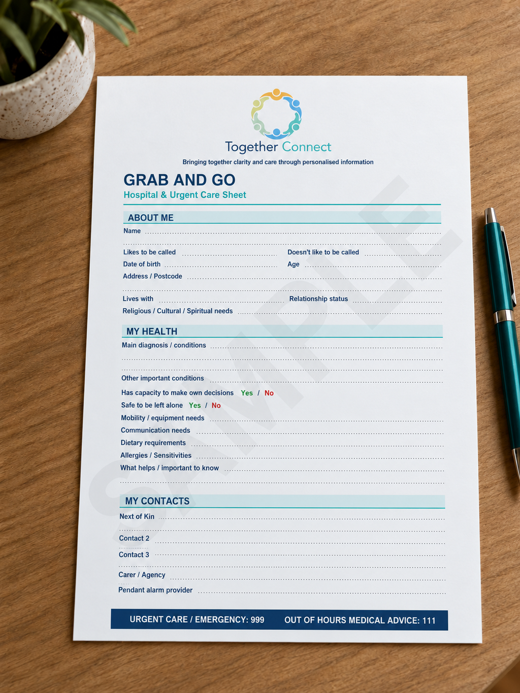 Front of printable hospital and urgent care information sheet 