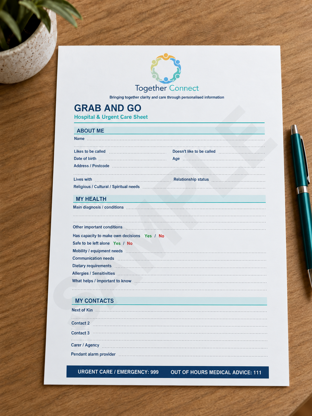 Front of printable hospital and urgent care information sheet 