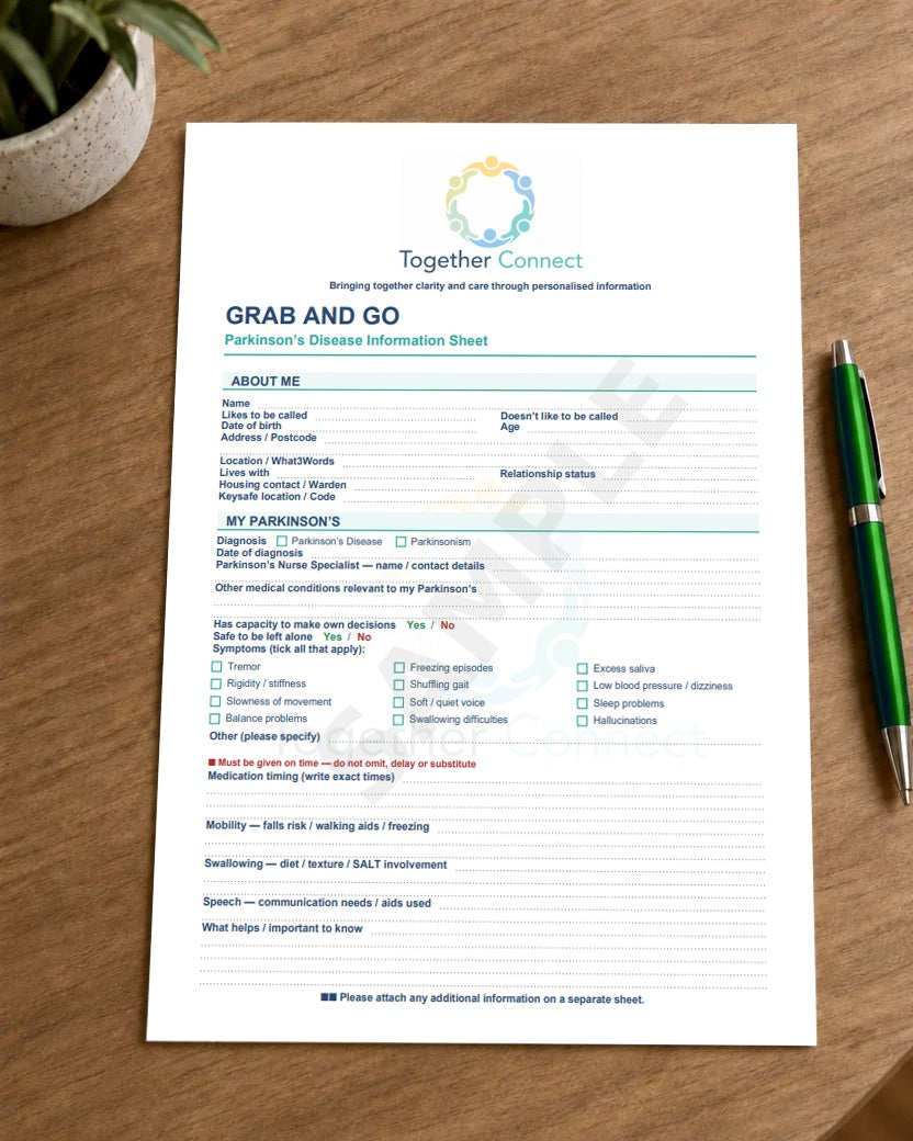 Front of printable Parkinson’s information sheet 