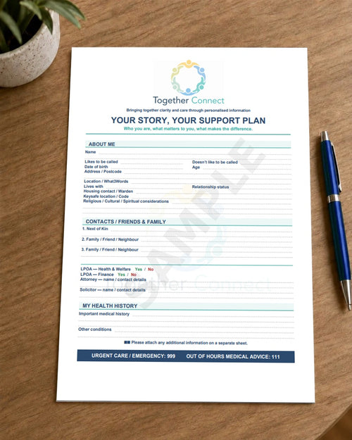 Printable personal support plan for individuals, families and carers